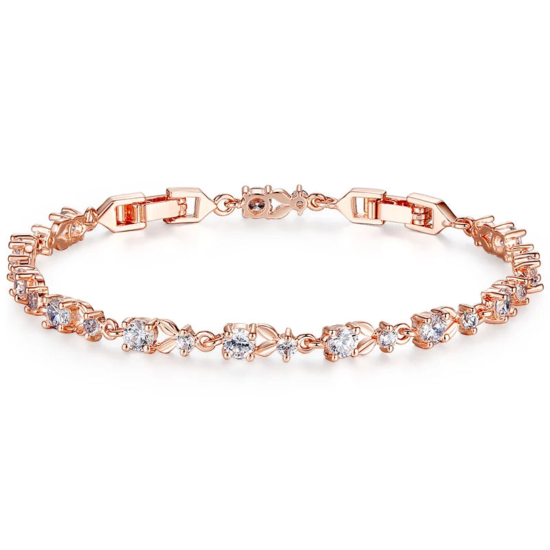 BAMOER Luxury Rose Gold Color Chain Link Bracelet for Women Ladies Shining AAA Cubic Zircon Crystal Jewelry JIB013