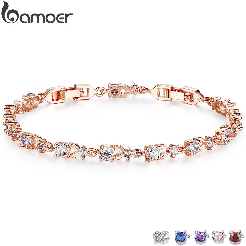 BAMOER Luxury Rose Gold Color Chain Link Bracelet for Women Ladies Shining AAA Cubic Zircon Crystal Jewelry JIB013