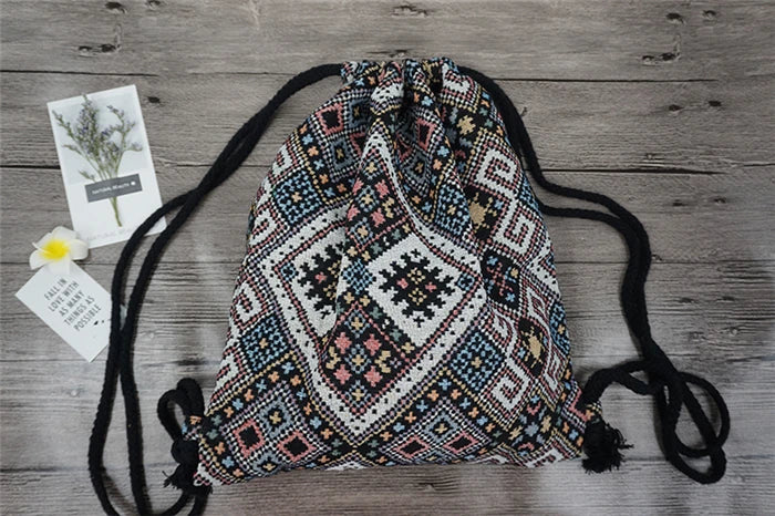 2024 Women Fabric Backpack Female Gypsy Bohemian Boho Chic Aztec Ibiza Tribal Ethnic Cottage Soft Brown Drawstring Rucksack Bags