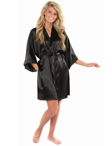 New Black Chinese Women's Faux Silk Robe Bath Gown Hot Sale Kimono Yukata Bathrobe Solid Color Sleepwear S M L XL XXL NB032