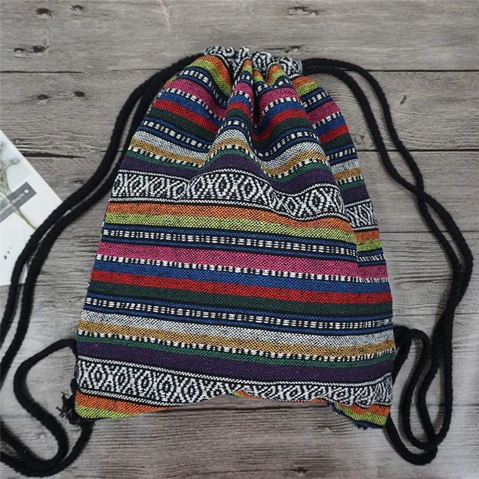 2024 Women Fabric Backpack Female Gypsy Bohemian Boho Chic Aztec Ibiza Tribal Ethnic Cottage Soft Brown Drawstring Rucksack Bags