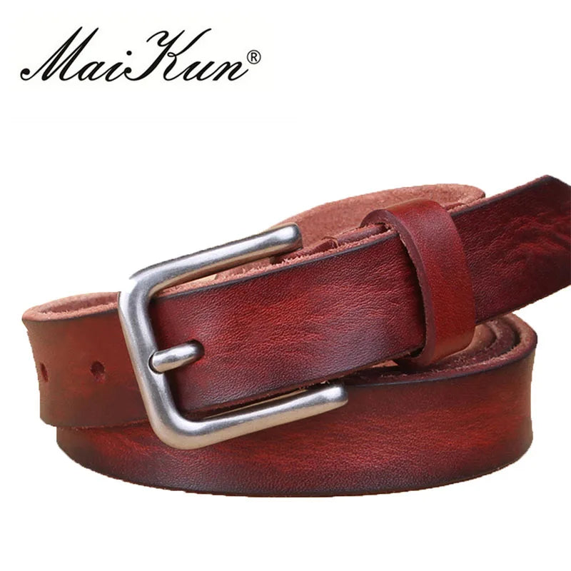 MaiKun Thin Belts for Women Unisex Genuine Leather Belt Female Metal Pin Buckle Belt