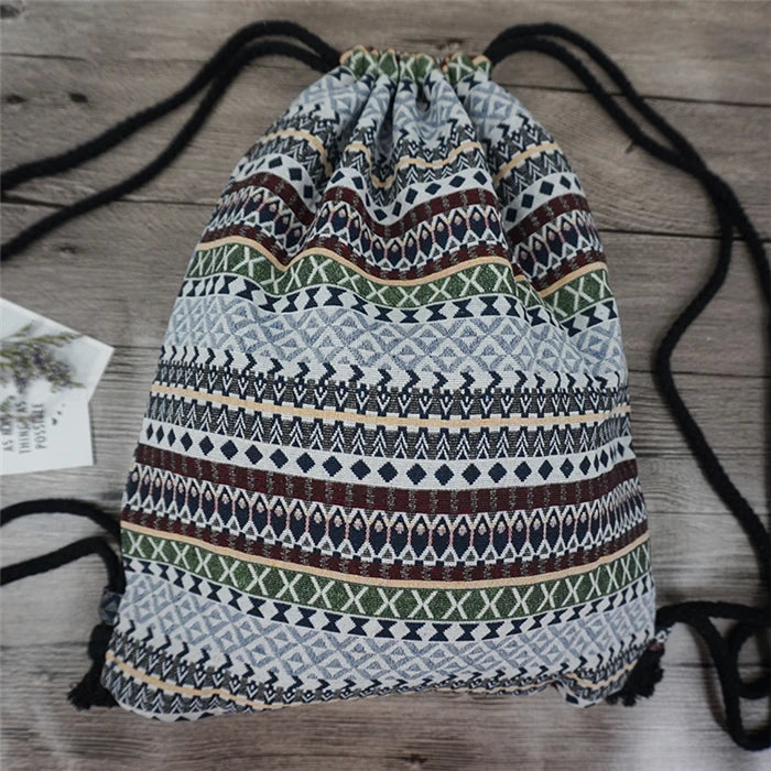 2024 Women Fabric Backpack Female Gypsy Bohemian Boho Chic Aztec Ibiza Tribal Ethnic Cottage Soft Brown Drawstring Rucksack Bags