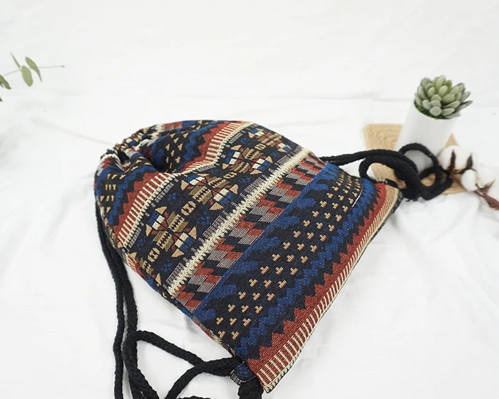 2024 Women Fabric Backpack Female Gypsy Bohemian Boho Chic Aztec Ibiza Tribal Ethnic Cottage Soft Brown Drawstring Rucksack Bags