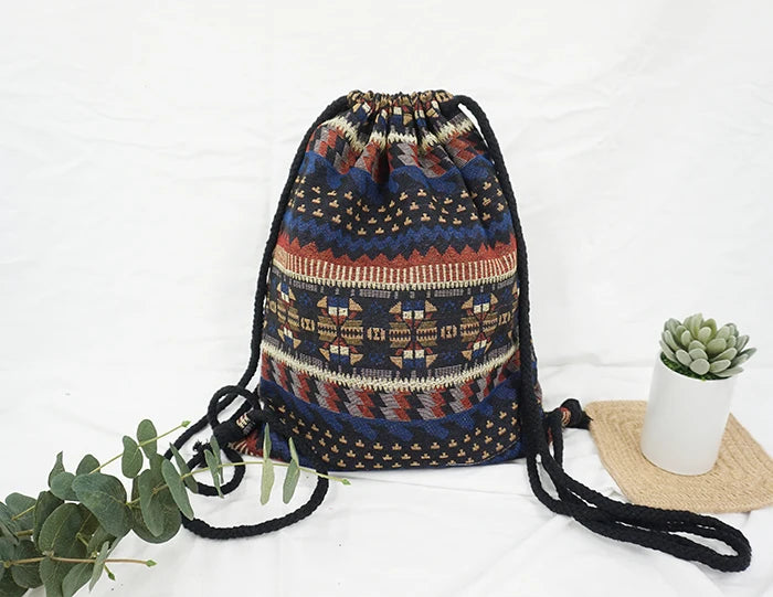 2024 Women Fabric Backpack Female Gypsy Bohemian Boho Chic Aztec Ibiza Tribal Ethnic Cottage Soft Brown Drawstring Rucksack Bags