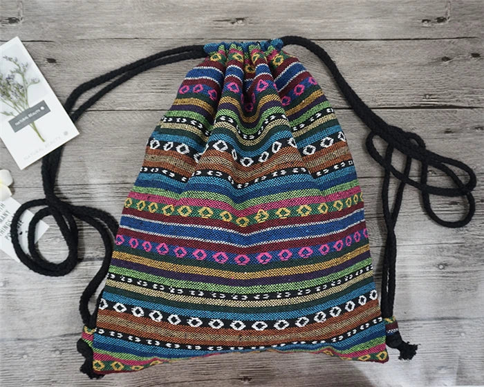 2024 Women Fabric Backpack Female Gypsy Bohemian Boho Chic Aztec Ibiza Tribal Ethnic Cottage Soft Brown Drawstring Rucksack Bags