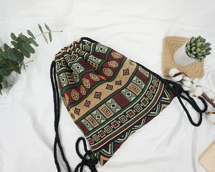 2024 Women Fabric Backpack Female Gypsy Bohemian Boho Chic Aztec Ibiza Tribal Ethnic Cottage Soft Brown Drawstring Rucksack Bags