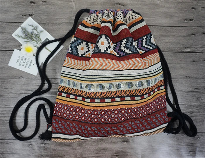 2024 Women Fabric Backpack Female Gypsy Bohemian Boho Chic Aztec Ibiza Tribal Ethnic Cottage Soft Brown Drawstring Rucksack Bags