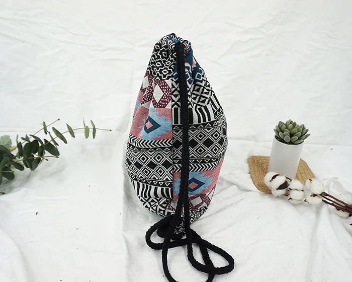 2024 Women Fabric Backpack Female Gypsy Bohemian Boho Chic Aztec Ibiza Tribal Ethnic Cottage Soft Brown Drawstring Rucksack Bags