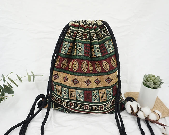 2024 Women Fabric Backpack Female Gypsy Bohemian Boho Chic Aztec Ibiza Tribal Ethnic Cottage Soft Brown Drawstring Rucksack Bags