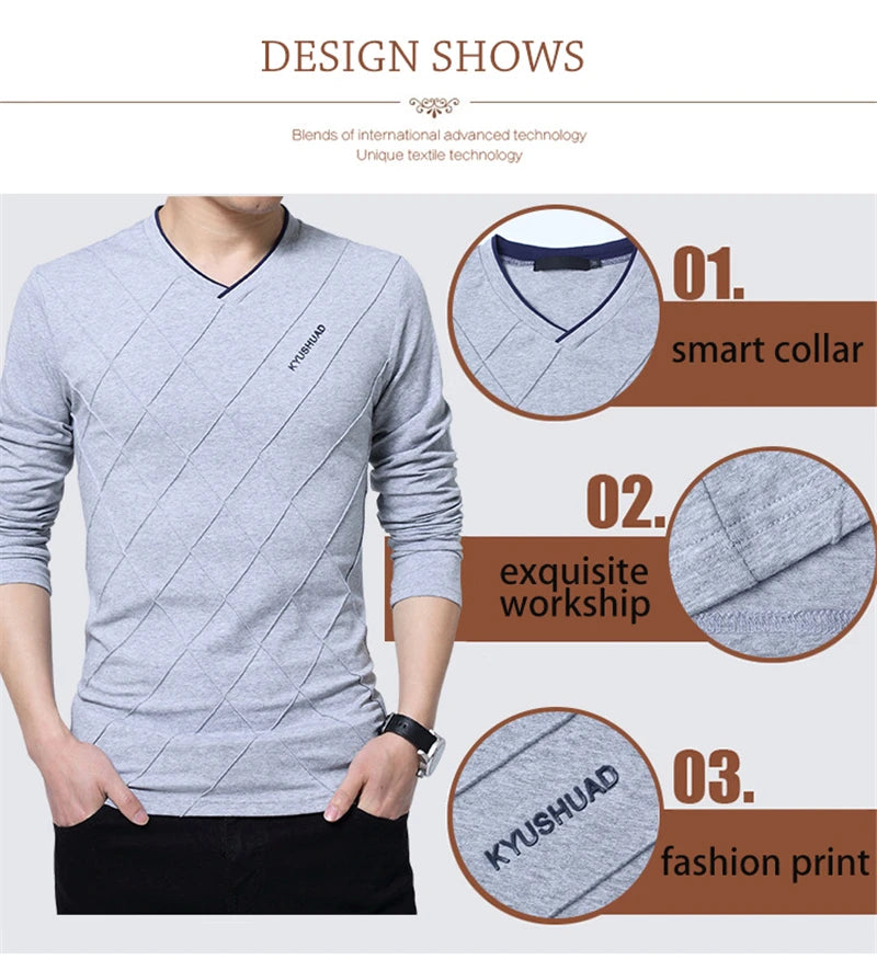 BROWON 2024 Fashion Men T-shirt Slim Fit Custom T-shirt Crease Design Long Stylish Luxury V Neck Fitness T-shirt Tee Shirt Homme