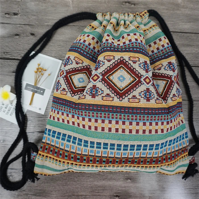 2024 Women Fabric Backpack Female Gypsy Bohemian Boho Chic Aztec Ibiza Tribal Ethnic Cottage Soft Brown Drawstring Rucksack Bags