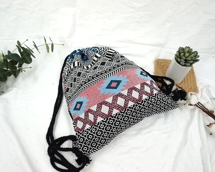 2024 Women Fabric Backpack Female Gypsy Bohemian Boho Chic Aztec Ibiza Tribal Ethnic Cottage Soft Brown Drawstring Rucksack Bags