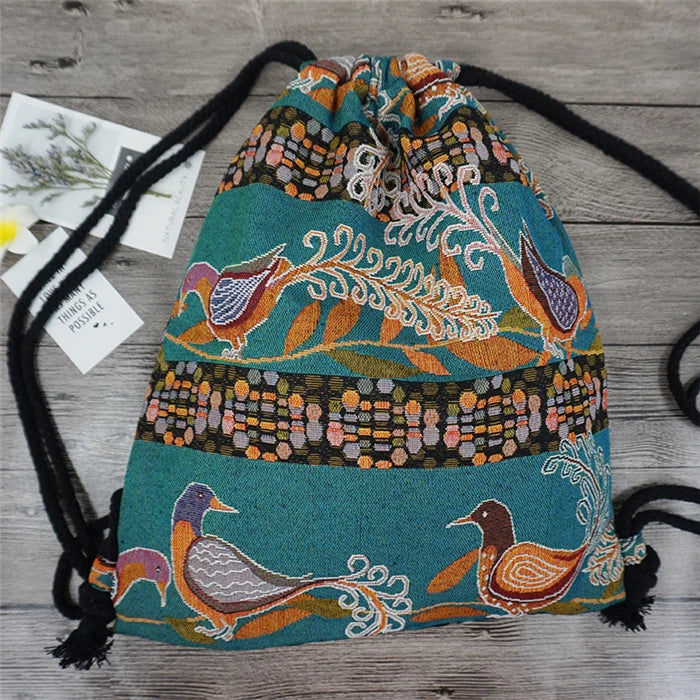 2024 Women Fabric Backpack Female Gypsy Bohemian Boho Chic Aztec Ibiza Tribal Ethnic Cottage Soft Brown Drawstring Rucksack Bags