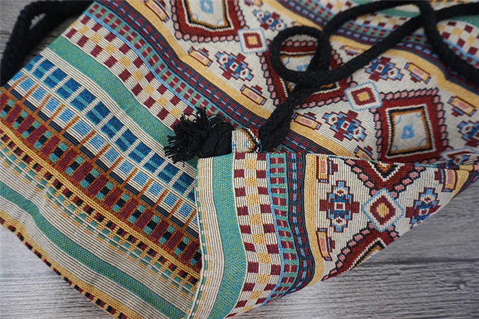 2024 Women Fabric Backpack Female Gypsy Bohemian Boho Chic Aztec Ibiza Tribal Ethnic Cottage Soft Brown Drawstring Rucksack Bags