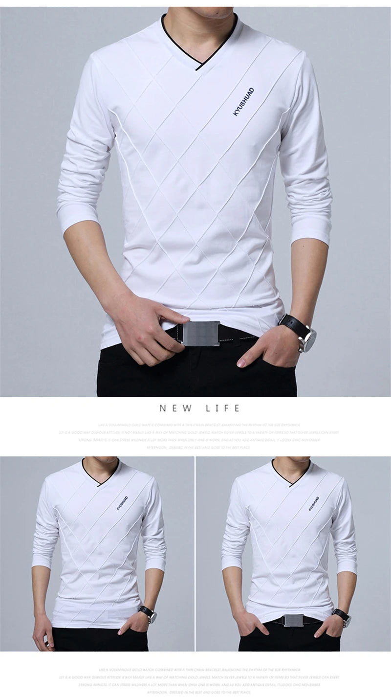 BROWON 2024 Fashion Men T-shirt Slim Fit Custom T-shirt Crease Design Long Stylish Luxury V Neck Fitness T-shirt Tee Shirt Homme