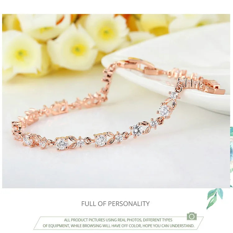 BAMOER Luxury Rose Gold Color Chain Link Bracelet for Women Ladies Shining AAA Cubic Zircon Crystal Jewelry JIB013