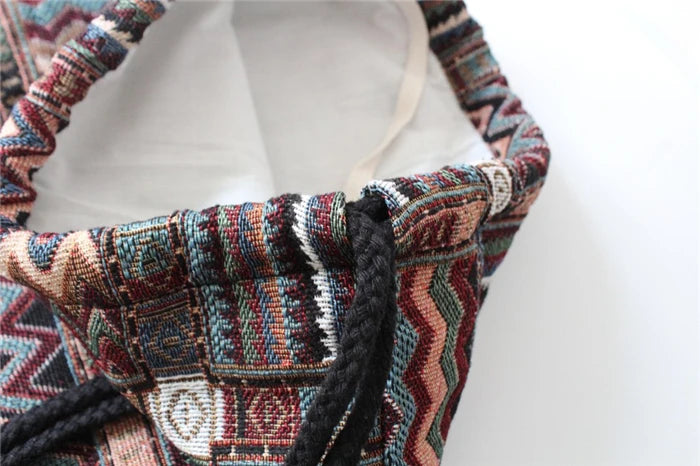 2024 Women Fabric Backpack Female Gypsy Bohemian Boho Chic Aztec Ibiza Tribal Ethnic Cottage Soft Brown Drawstring Rucksack Bags