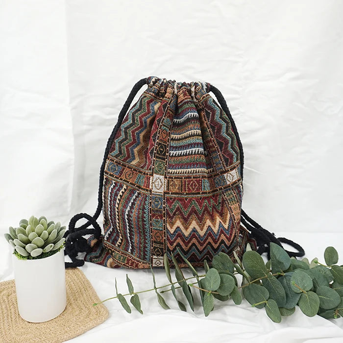 2024 Women Fabric Backpack Female Gypsy Bohemian Boho Chic Aztec Ibiza Tribal Ethnic Cottage Soft Brown Drawstring Rucksack Bags