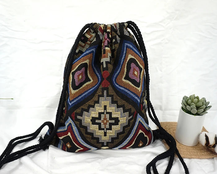 2024 Women Fabric Backpack Female Gypsy Bohemian Boho Chic Aztec Ibiza Tribal Ethnic Cottage Soft Brown Drawstring Rucksack Bags