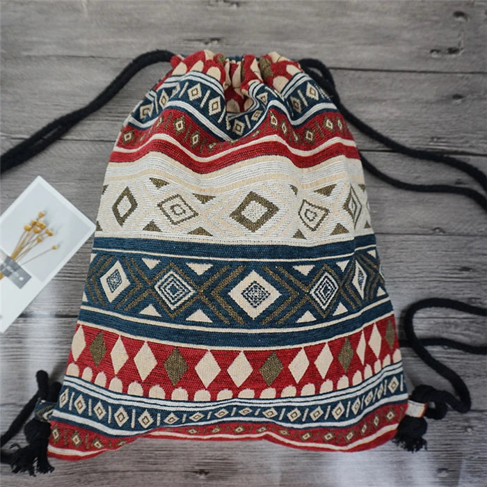 2024 Women Fabric Backpack Female Gypsy Bohemian Boho Chic Aztec Ibiza Tribal Ethnic Cottage Soft Brown Drawstring Rucksack Bags