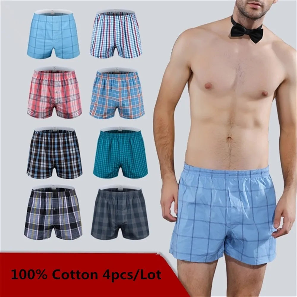 4PCS Mens Underwear Boxers Loose Shorts Men'S Panties Cotton The Large Plaid Arrow Pants Plus Size  Classic Basics Plaid