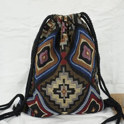 2024 Women Fabric Backpack Female Gypsy Bohemian Boho Chic Aztec Ibiza Tribal Ethnic Cottage Soft Brown Drawstring Rucksack Bags