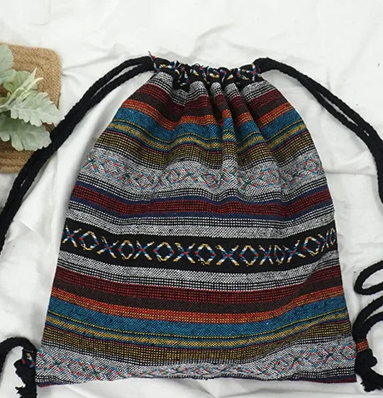 2024 Women Fabric Backpack Female Gypsy Bohemian Boho Chic Aztec Ibiza Tribal Ethnic Cottage Soft Brown Drawstring Rucksack Bags