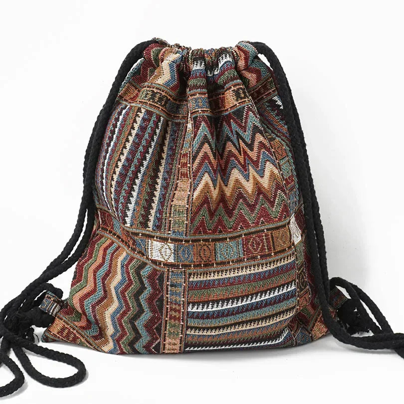 2024 Women Fabric Backpack Female Gypsy Bohemian Boho Chic Aztec Ibiza Tribal Ethnic Cottage Soft Brown Drawstring Rucksack Bags