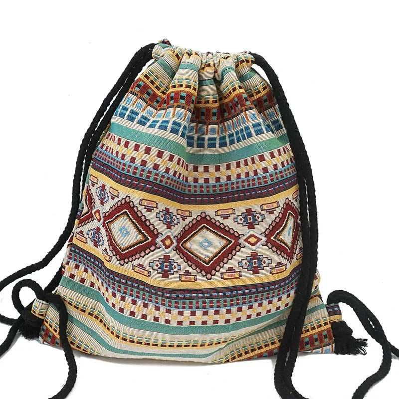 2024 Women Fabric Backpack Female Gypsy Bohemian Boho Chic Aztec Ibiza Tribal Ethnic Cottage Soft Brown Drawstring Rucksack Bags