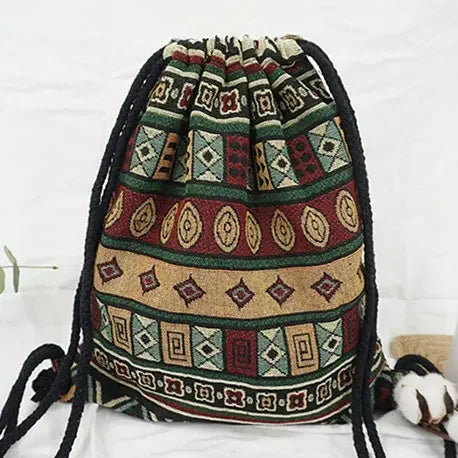 2024 Women Fabric Backpack Female Gypsy Bohemian Boho Chic Aztec Ibiza Tribal Ethnic Cottage Soft Brown Drawstring Rucksack Bags