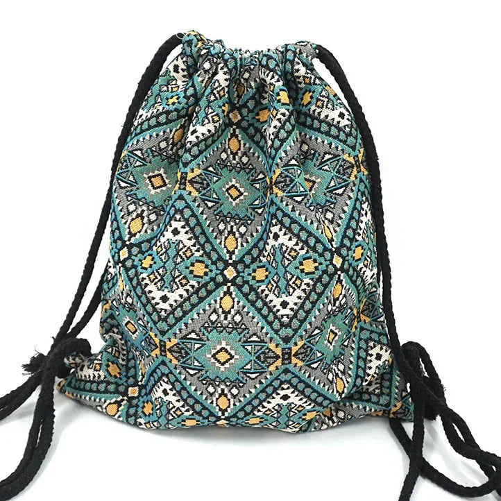 2024 Women Fabric Backpack Female Gypsy Bohemian Boho Chic Aztec Ibiza Tribal Ethnic Cottage Soft Brown Drawstring Rucksack Bags