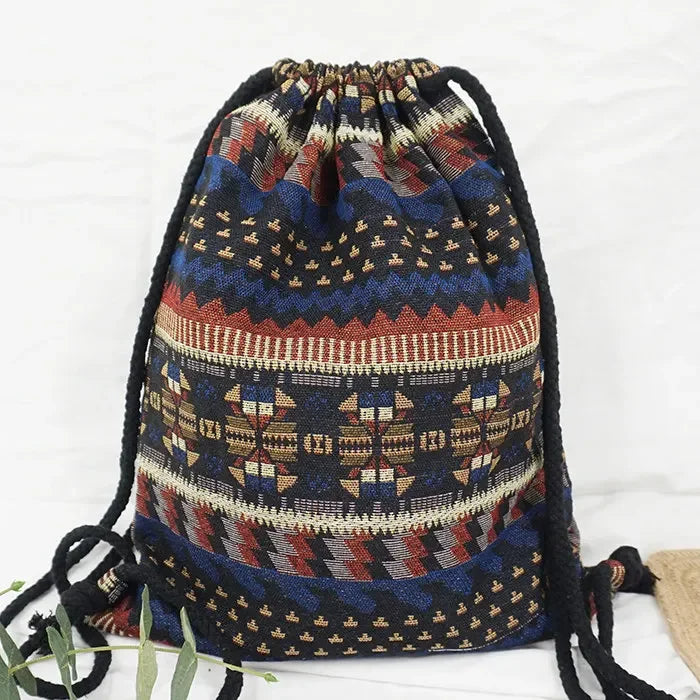 2024 Women Fabric Backpack Female Gypsy Bohemian Boho Chic Aztec Ibiza Tribal Ethnic Cottage Soft Brown Drawstring Rucksack Bags