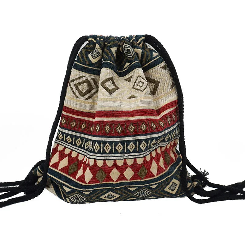 2024 Women Fabric Backpack Female Gypsy Bohemian Boho Chic Aztec Ibiza Tribal Ethnic Cottage Soft Brown Drawstring Rucksack Bags