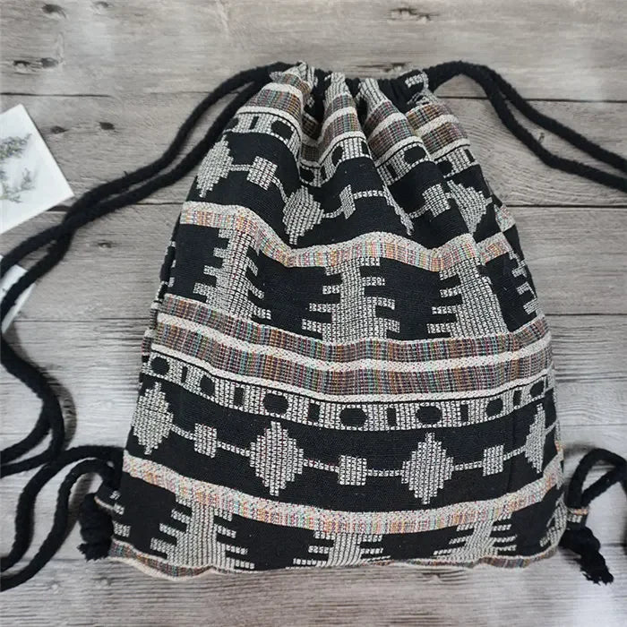 2024 Women Fabric Backpack Female Gypsy Bohemian Boho Chic Aztec Ibiza Tribal Ethnic Cottage Soft Brown Drawstring Rucksack Bags