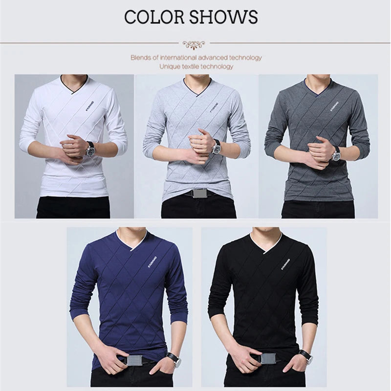 BROWON 2024 Fashion Men T-shirt Slim Fit Custom T-shirt Crease Design Long Stylish Luxury V Neck Fitness T-shirt Tee Shirt Homme