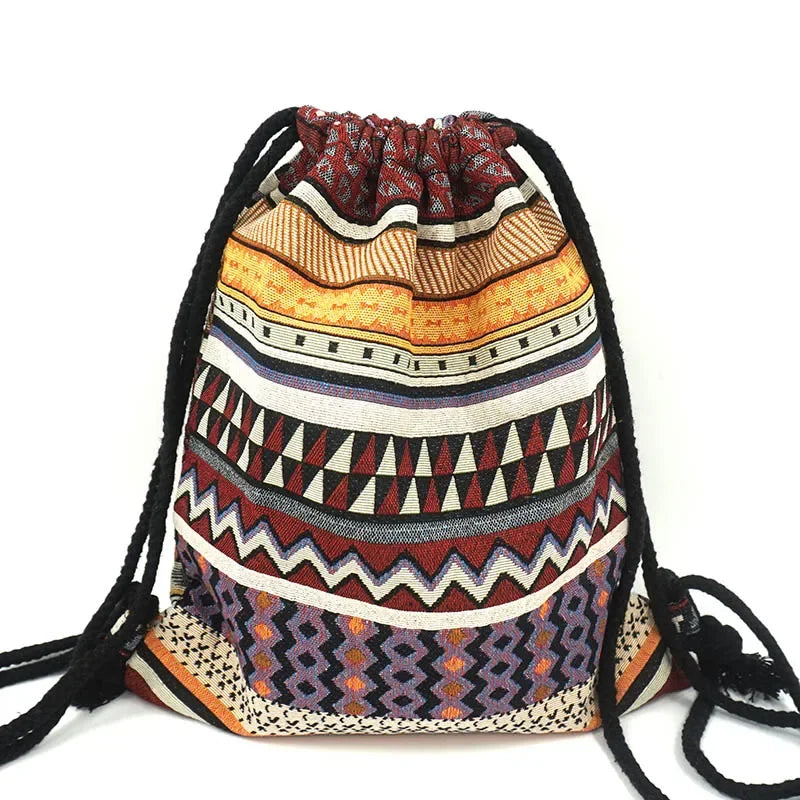 2024 Women Fabric Backpack Female Gypsy Bohemian Boho Chic Aztec Ibiza Tribal Ethnic Cottage Soft Brown Drawstring Rucksack Bags