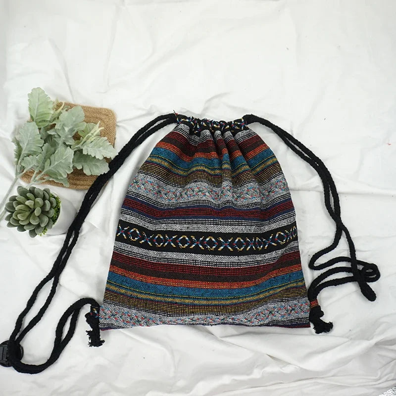 2024 Women Fabric Backpack Female Gypsy Bohemian Boho Chic Aztec Ibiza Tribal Ethnic Cottage Soft Brown Drawstring Rucksack Bags