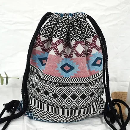 2024 Women Fabric Backpack Female Gypsy Bohemian Boho Chic Aztec Ibiza Tribal Ethnic Cottage Soft Brown Drawstring Rucksack Bags