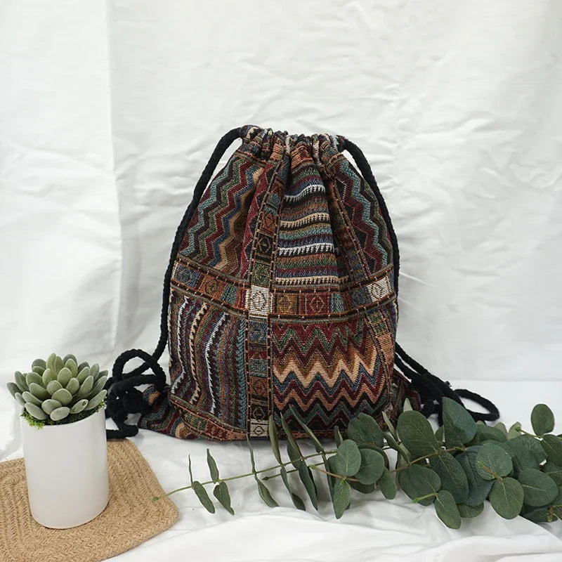 2024 Women Fabric Backpack Female Gypsy Bohemian Boho Chic Aztec Ibiza Tribal Ethnic Cottage Soft Brown Drawstring Rucksack Bags