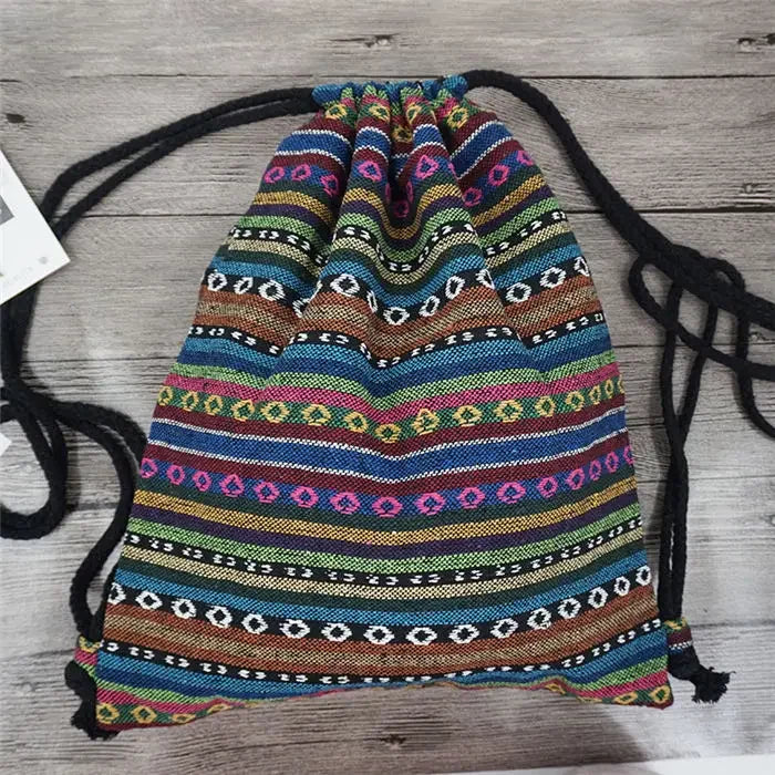 2024 Women Fabric Backpack Female Gypsy Bohemian Boho Chic Aztec Ibiza Tribal Ethnic Cottage Soft Brown Drawstring Rucksack Bags