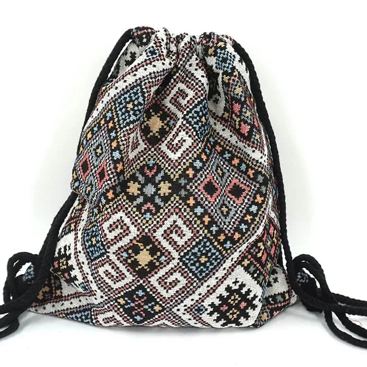 2024 Women Fabric Backpack Female Gypsy Bohemian Boho Chic Aztec Ibiza Tribal Ethnic Cottage Soft Brown Drawstring Rucksack Bags